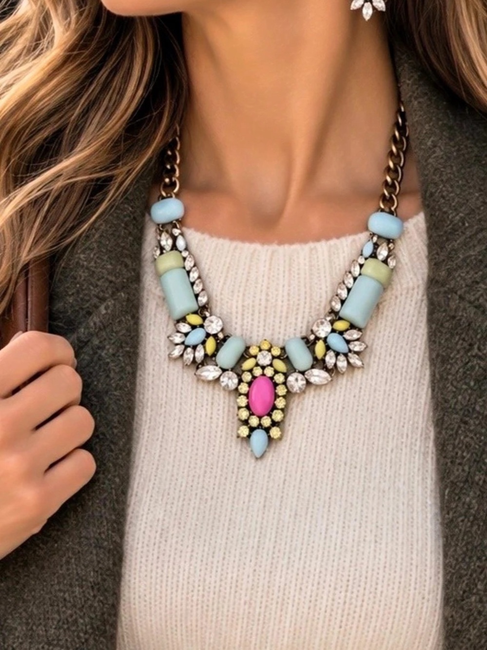 Statement Necklace & Earrings in Blue & Pink